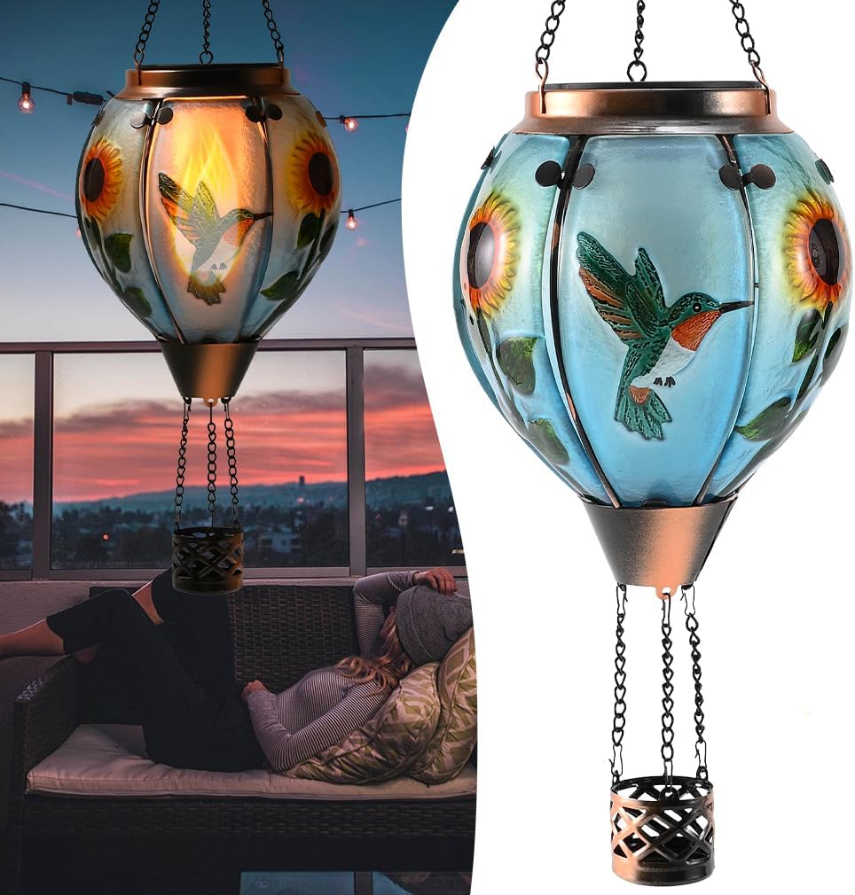 Hot Air Balloon Solar Lantern - Large Hummingbird Glass Light