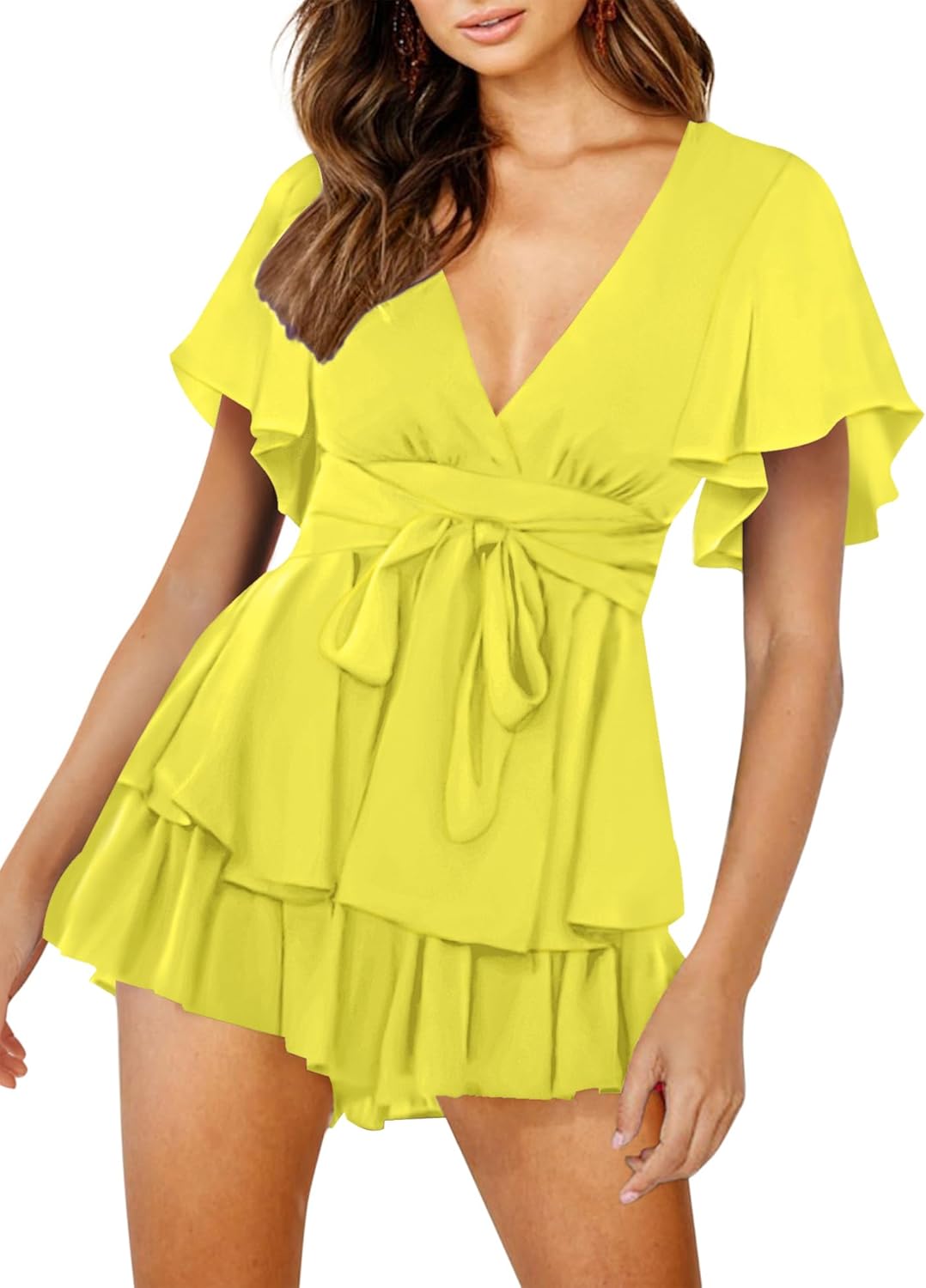 Floral Print Deep V-Neck Romper with Ruffle Hem for Summer