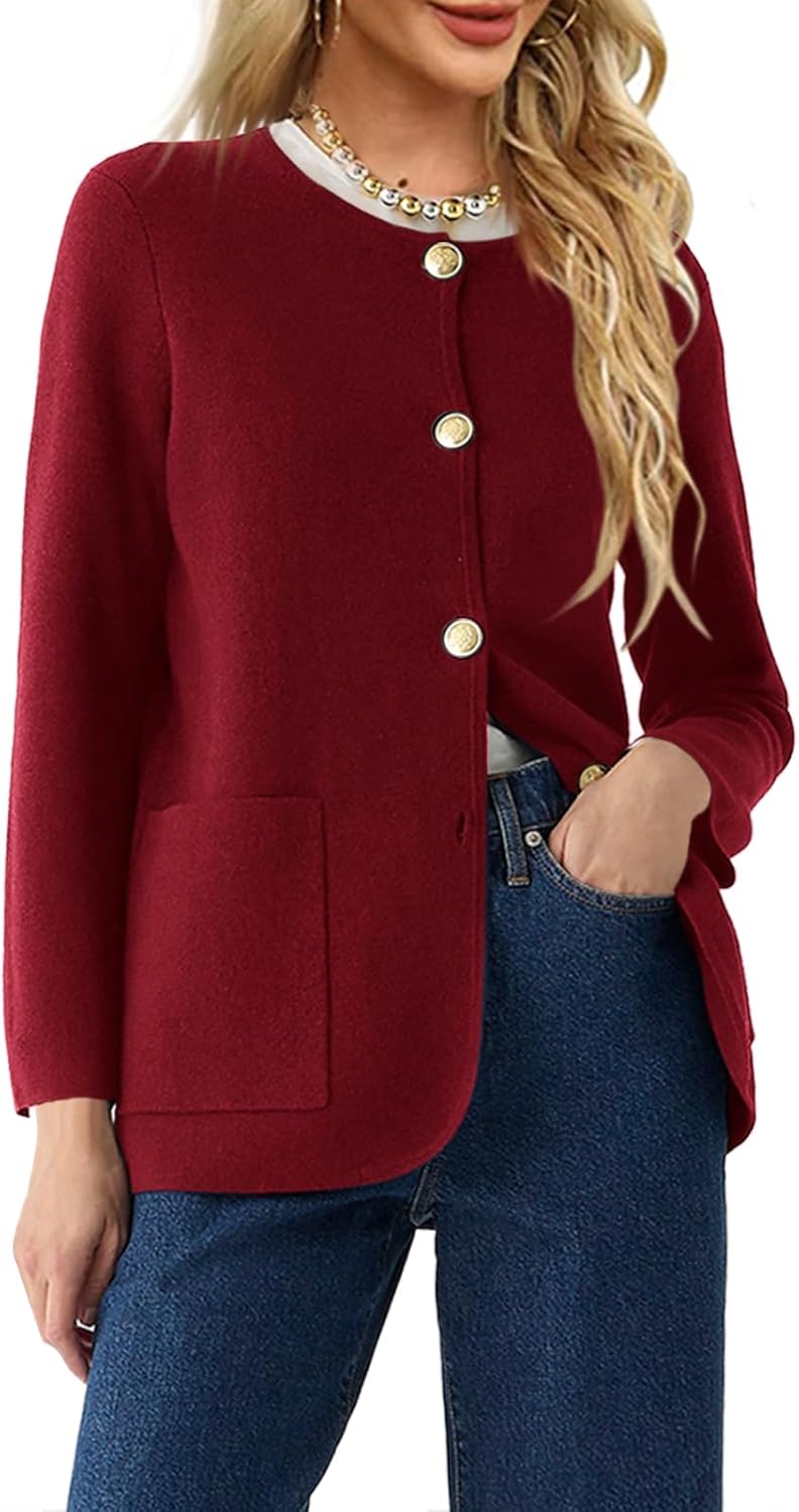 Langwyqu Womens Crew Neck Button Down Cardigan Sweater Blazer