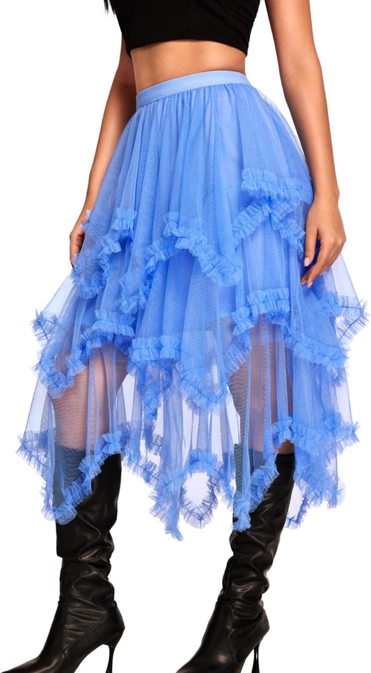 Kaei&Shi Long Tulle Skirt for Women - Asymmetrical Ruffle Style
