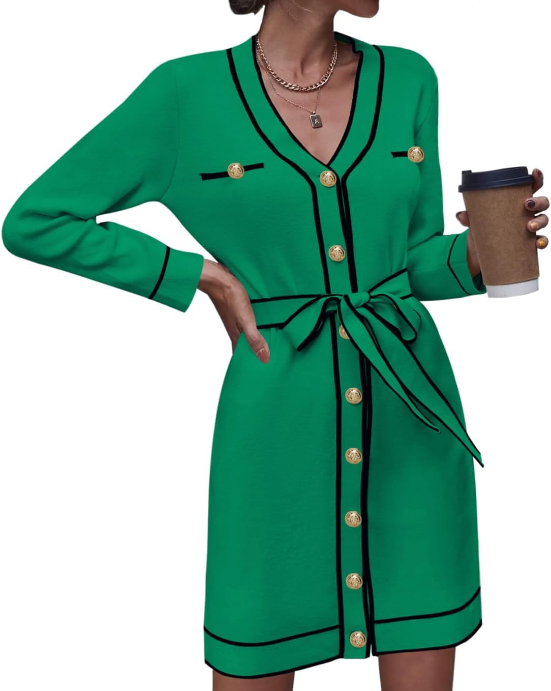 Pink Queen Women's Long Sleeve Button Down Sweater Dress