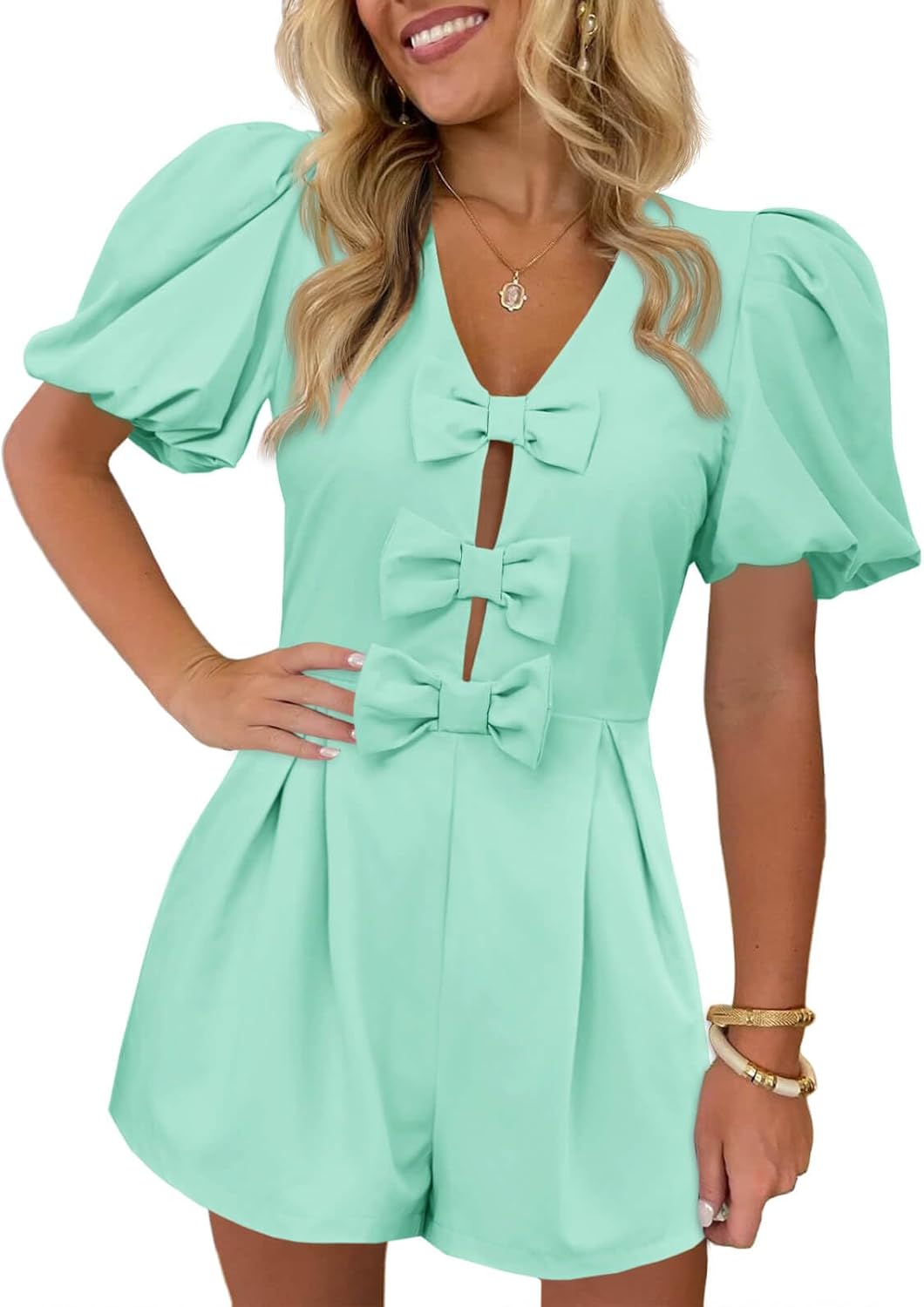 Cicy Bell Womens Cute Rompers with Bow Front and Pockets