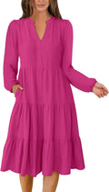 Long Sleeve Midi Dress for Women V Neck - Loose Fit Boho