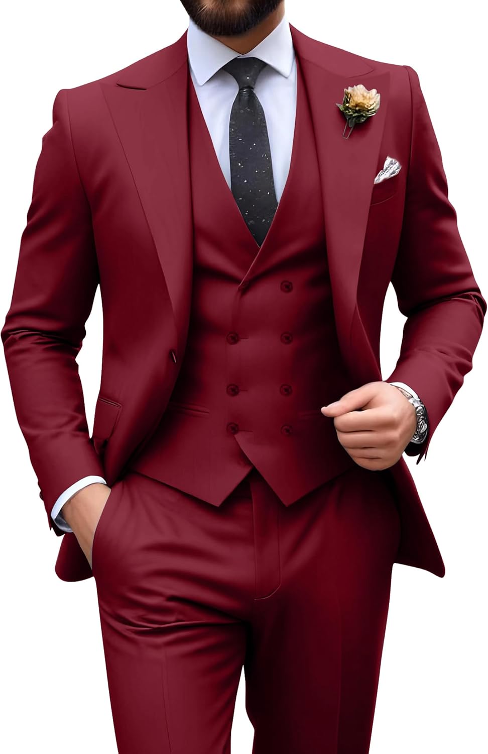Mens Slim Fit 3 Piece Double Breasted Suit for Formal Events