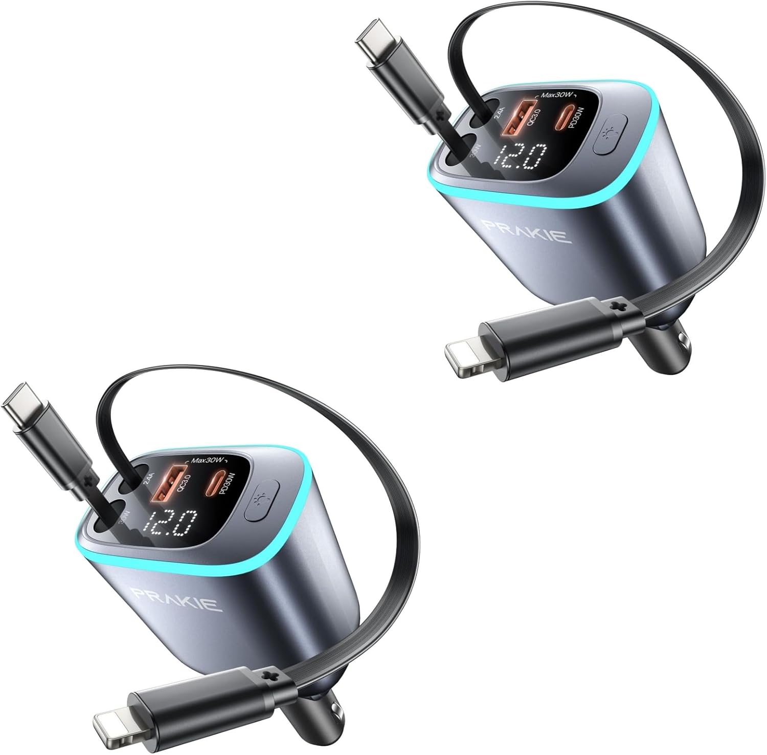 4 in 1 Car Charger with Retractable Cables for Fast Charging