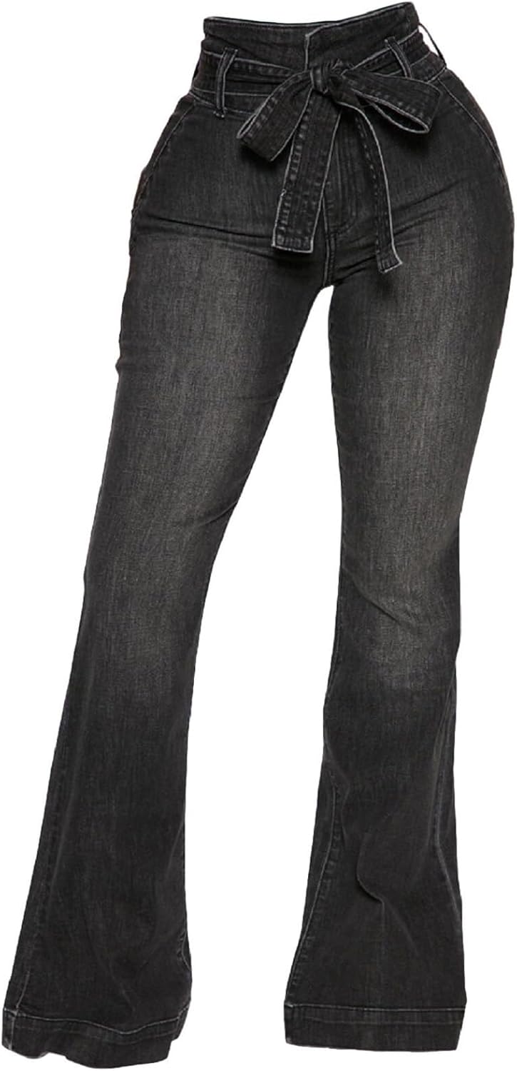 SeNight Women Bell Bottom Jeans with Ripped Flared Design