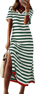 Short Sleeve Maxi Dress Striped Color Block - Flattering Summer Fit