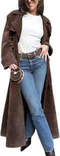 Faux Suede Long Trench Coat Notched Lapel Double Breasted Pea Coat