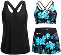 Women's Blue Leaf 3-Piece Tankini Swimsuit - Tummy Control Set