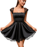 Women's Satin Lace Strap Mini Dress Square Neck - Flowy A-Line Ruffle