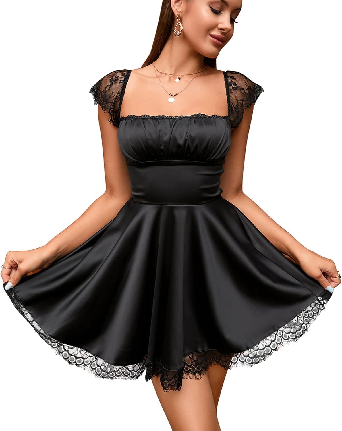EYNMIN Women's Satin Lace Strap Mini Dress for Casual Elegance