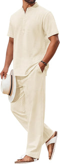 COOFANDY Men's 2 Piece Cotton Sets Casual Henley Shirt and Beach Pants