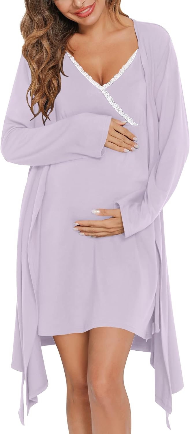 SWOMOG Womens Maternity Robe 2 Piece Nursing Nightgown Set