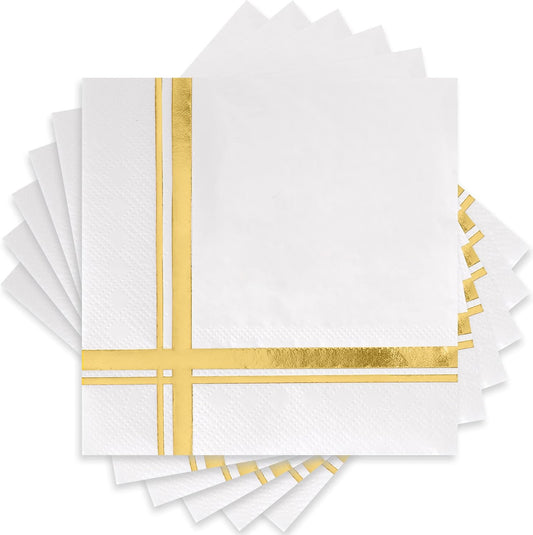 100 Pack Gold on White Cocktail Napkins - Elegant Blissful Crossing Design by Fanxyware