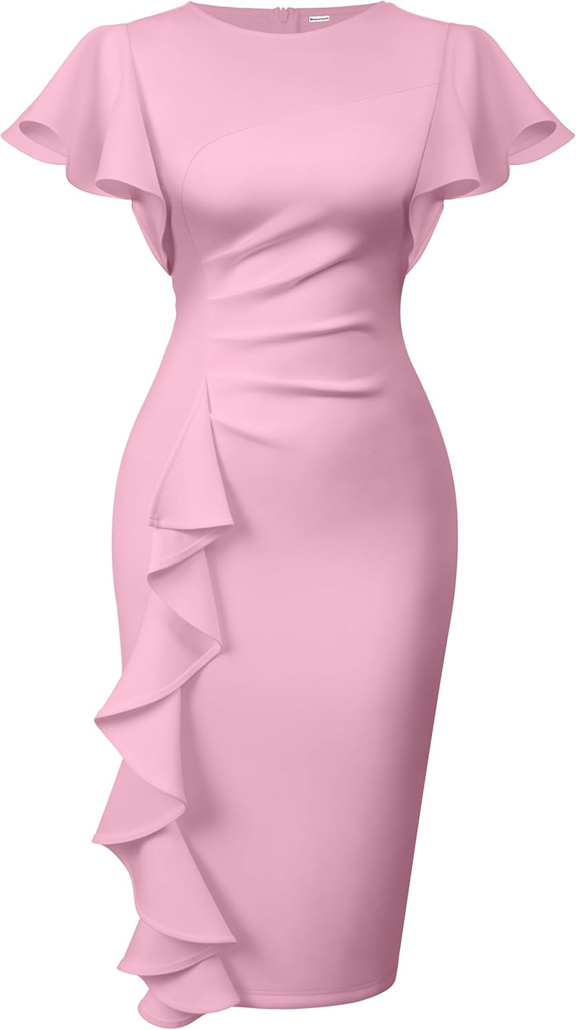 Memoriesea Women's Vintage Church Ruffle Sleeve Midi Dress