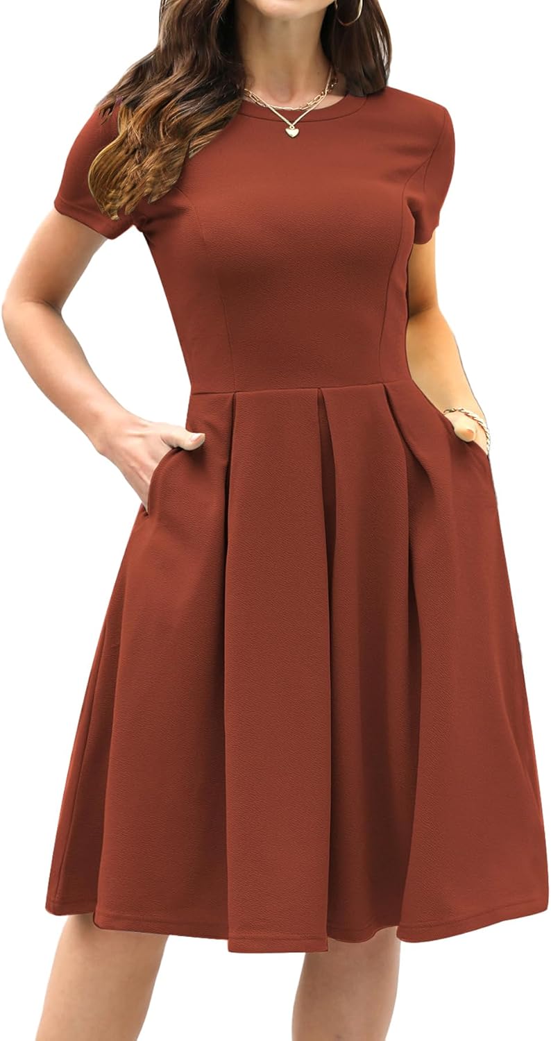 Vintage Half Sleeve O-Neck Casual Swing Dress with Pockets