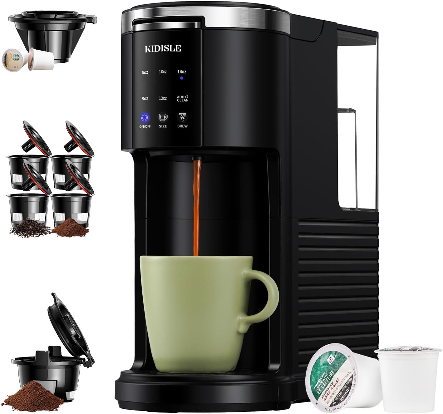 KIDISLE 3-in-1 Pod Coffee Maker: 6-14oz Brew Sizes