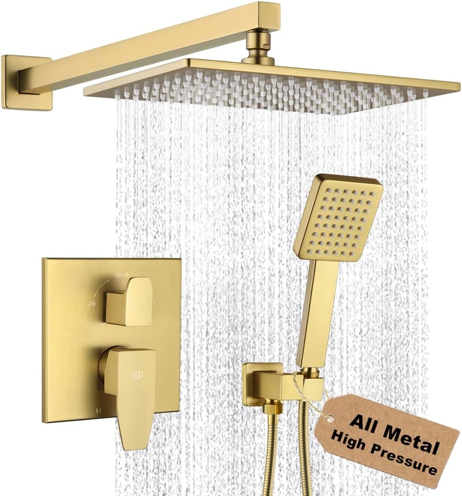 Brushed Gold Rainfall Shower Faucet Set with 12 Inch Head