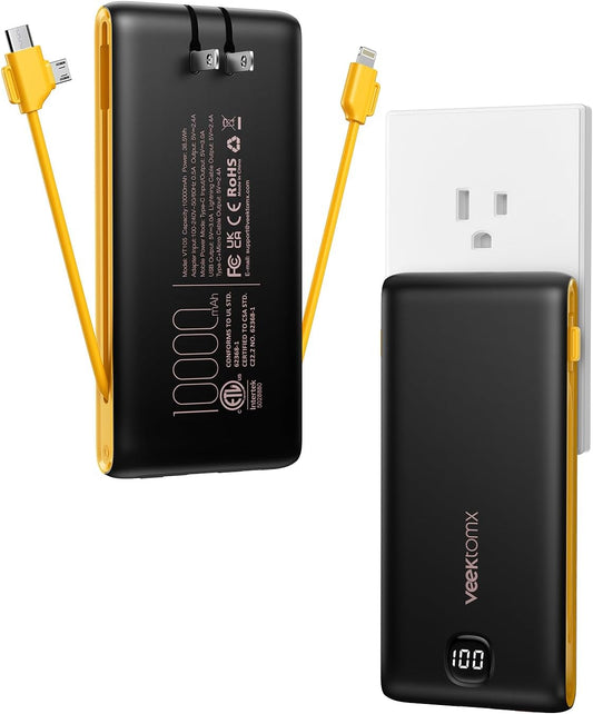10K mAh Slim Power Bank with Built-In Cables - Fast Charge Anywhere!
