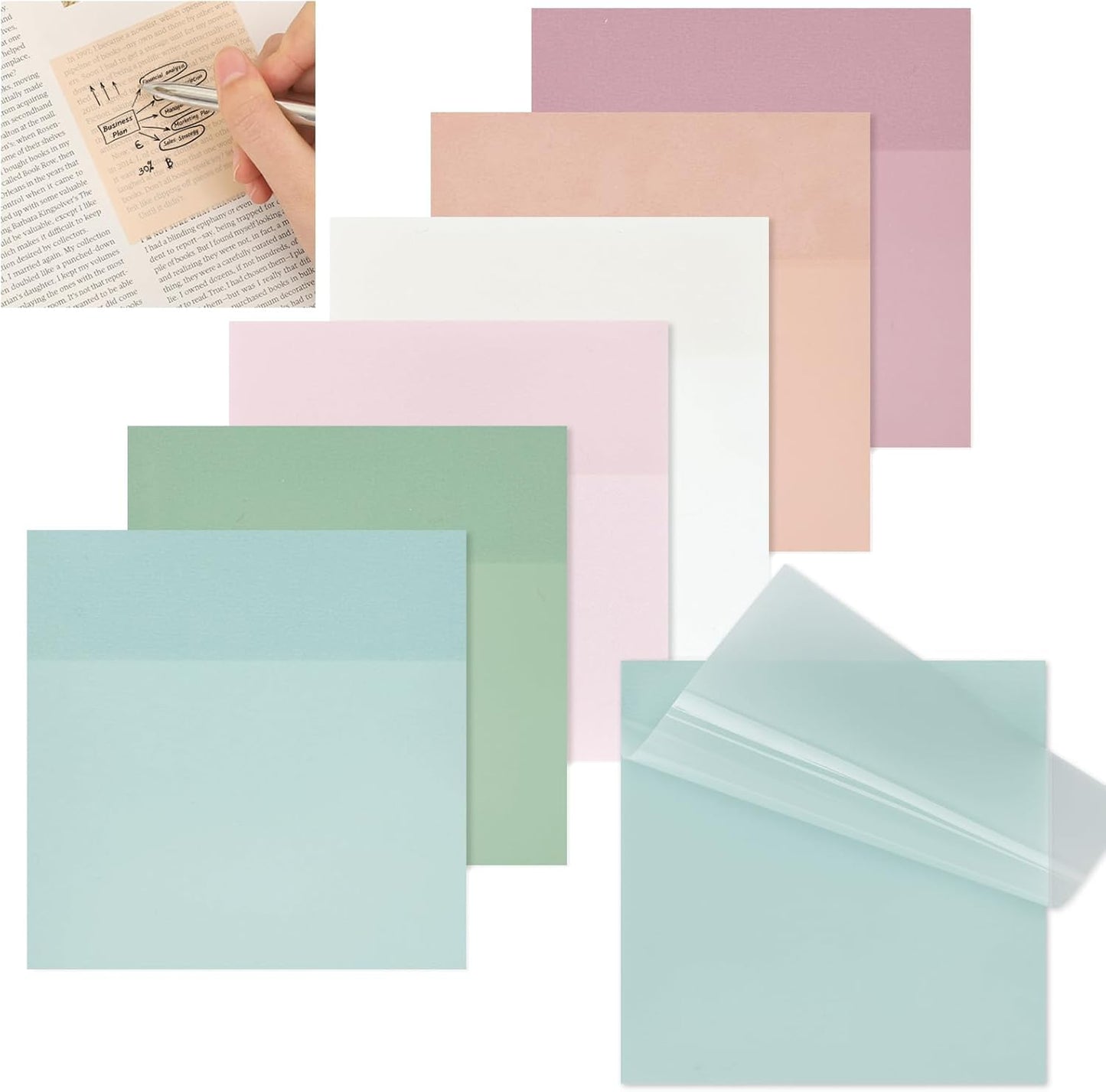 Translucent Waterproof Sticky Notes, 6 Pads, 6 Colors, 300 Sheets