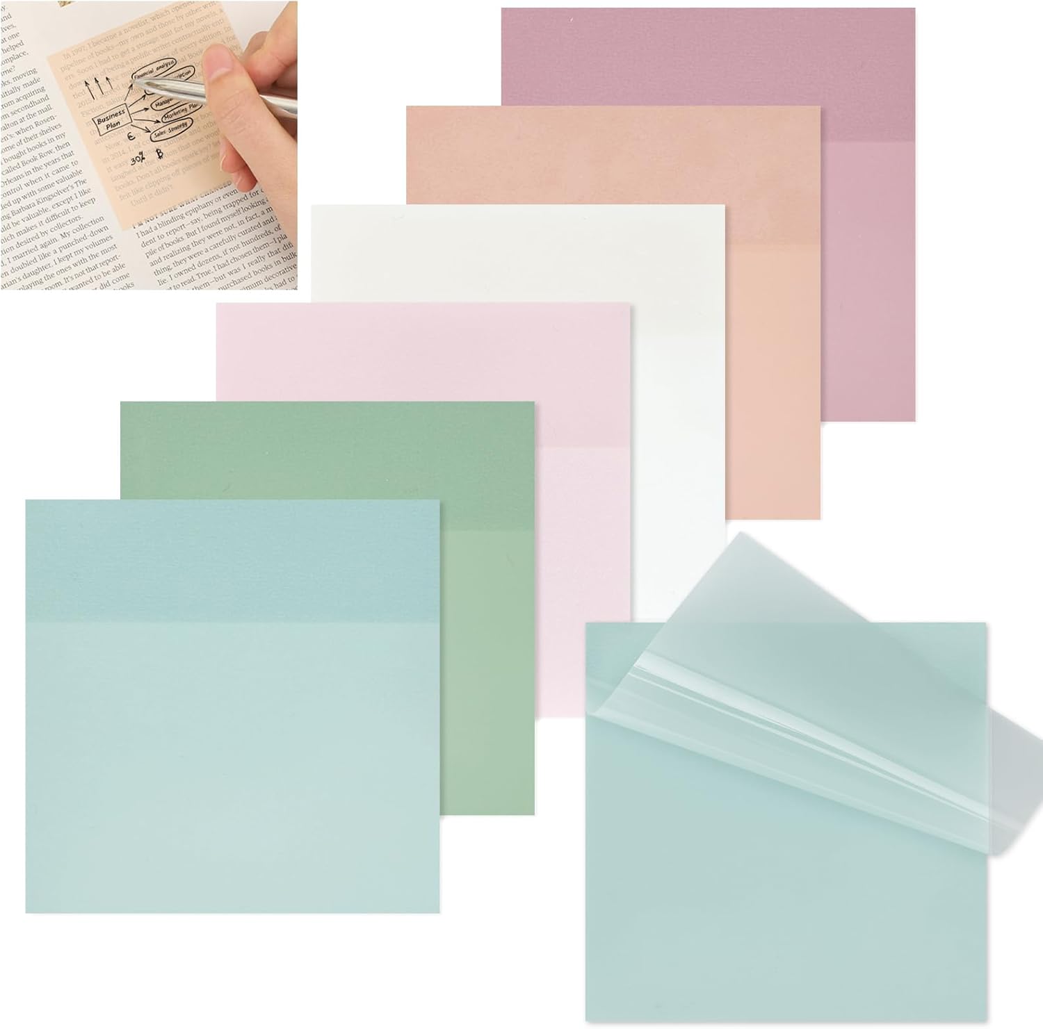 Translucent Waterproof Sticky Notes, 6 Pads, 6 Colors, 300 Sheets