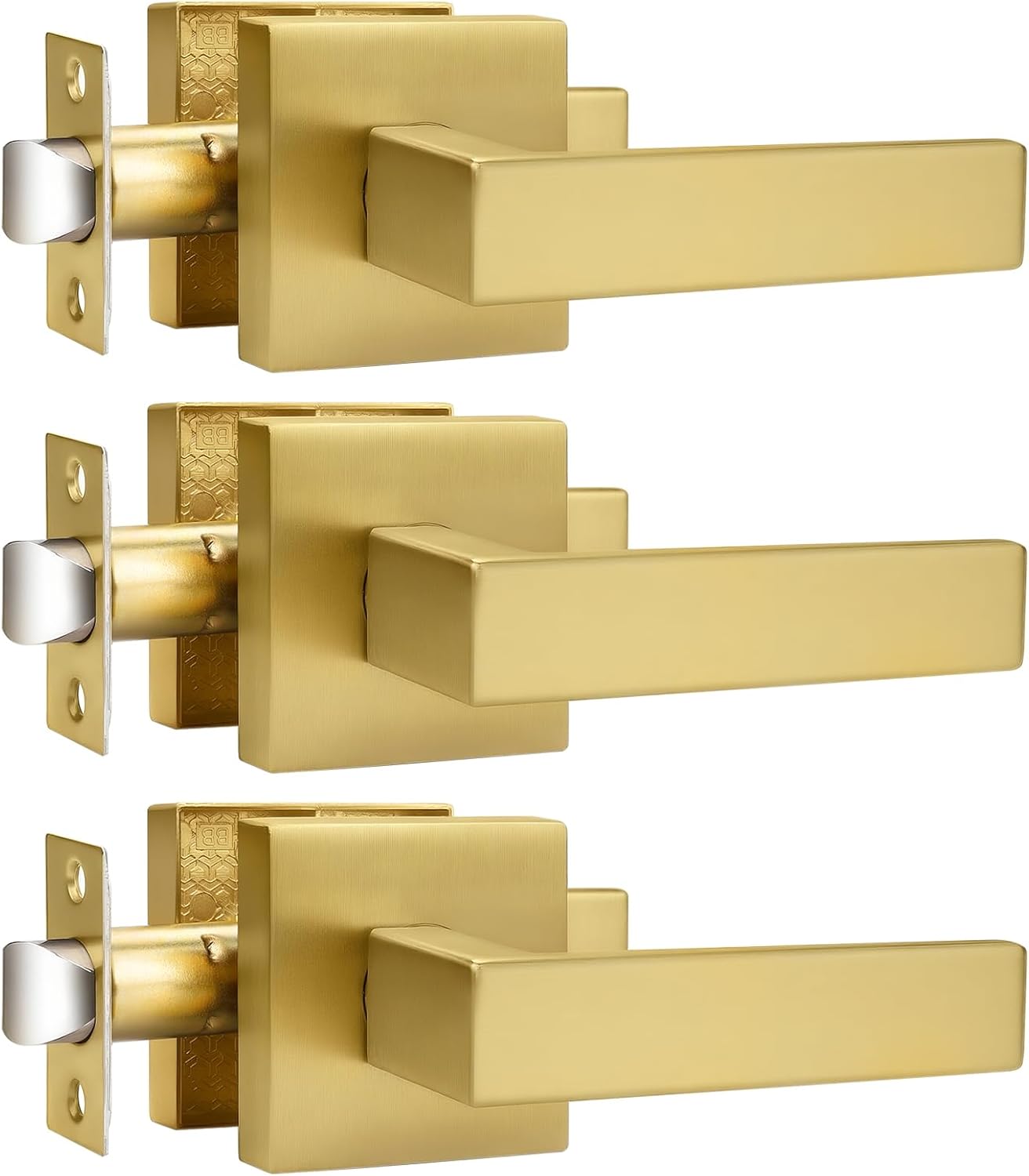 Probrico 3 Pack Square Brushed Gold Passage Door Handle Set