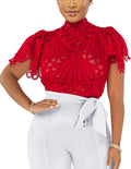 Doweha Womens Sexy Ruffle Long Sleeve Lace Top - Flattering Summer