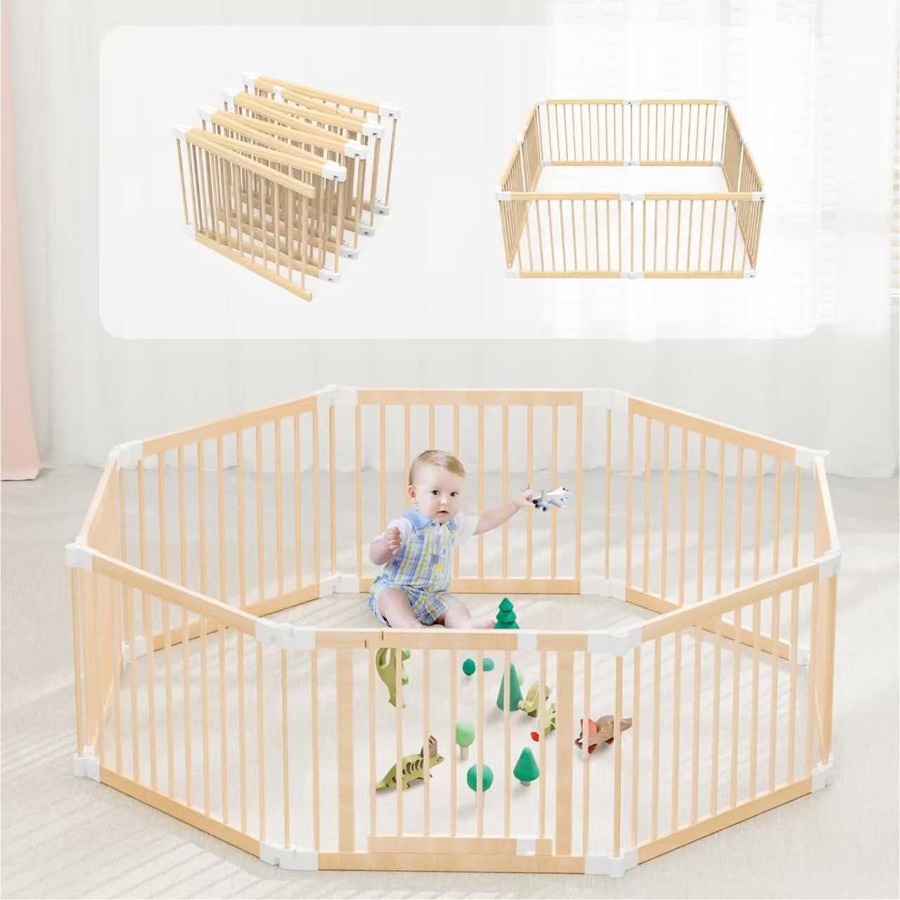 Foldable Wooden Baby Gate Playpen - Safe Kids Area (26 8-Panel)