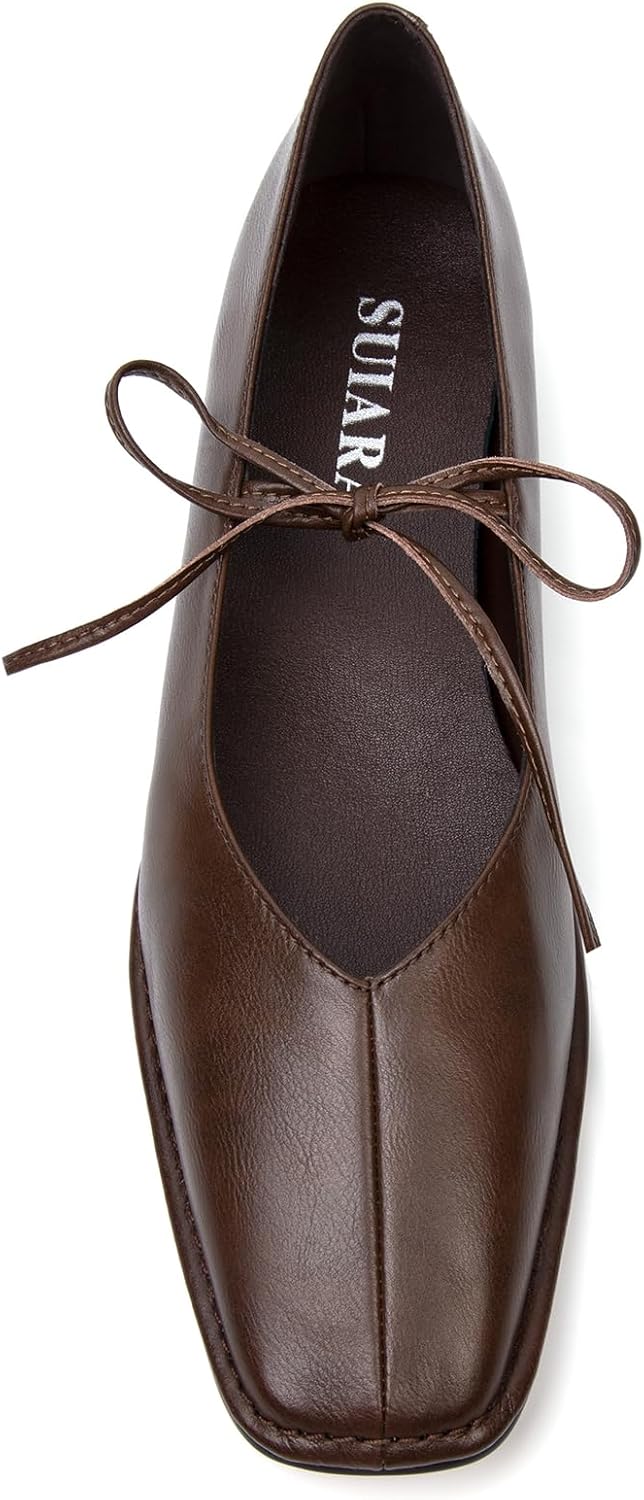 Lace Up Ballet Flats Women Square Toe Mary Jane Comfortable Shoes