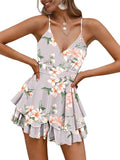 Women Spaghetti Strap V Neck Romper - Backless Ruffle Chiffon