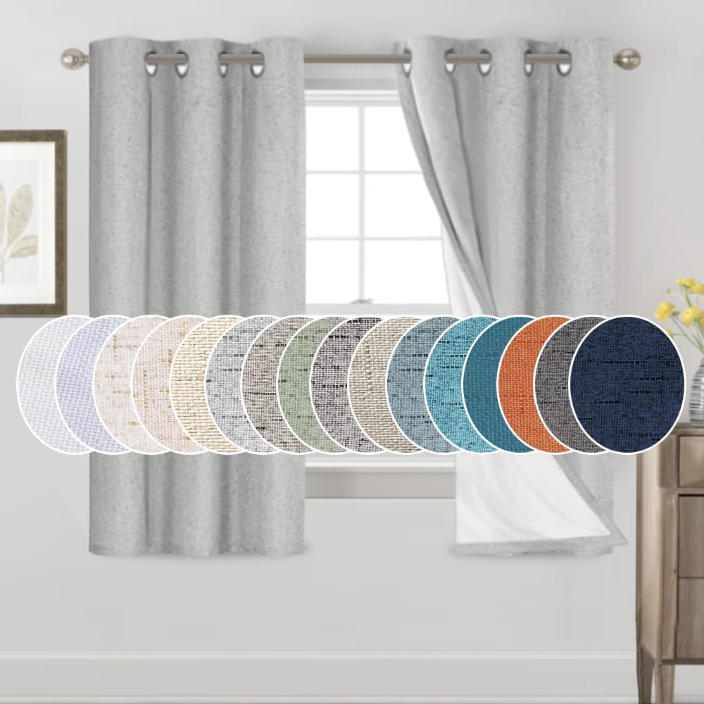 PrinceDeco Linen Texture Curtains Full Blackout 64 inch Panels