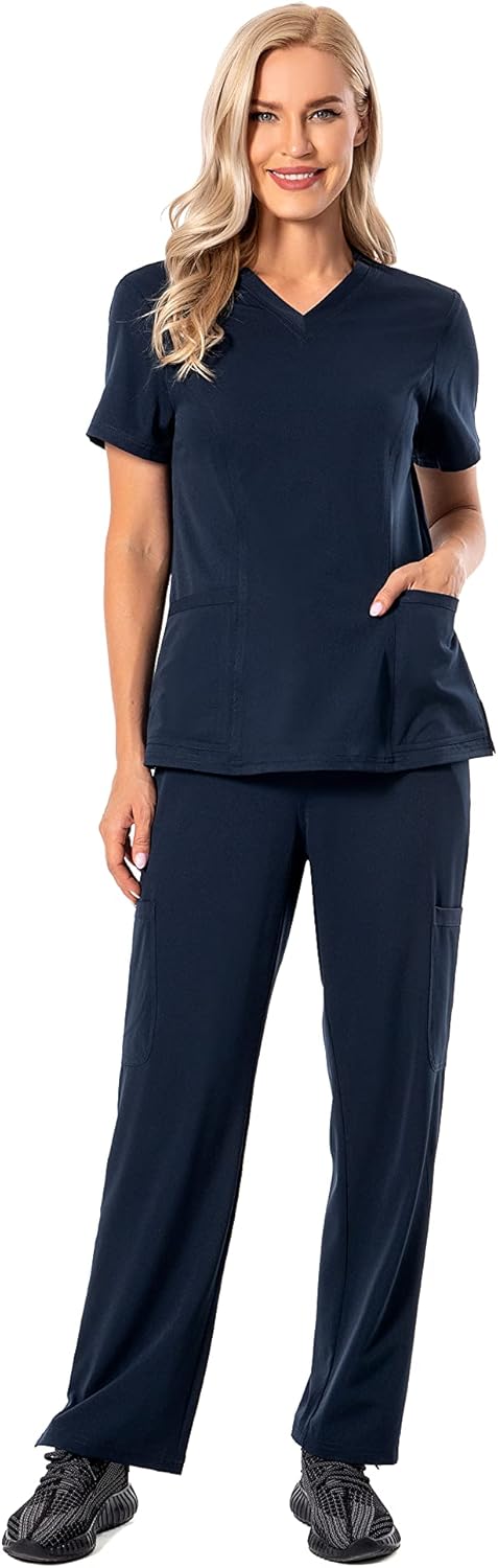 4-Way Stretch V-Neck Scrub Top & Cargo Pant Set for Women