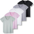 Real Essentials 5 Pack Women's Dry Fit V Neck Workout Tops - Value