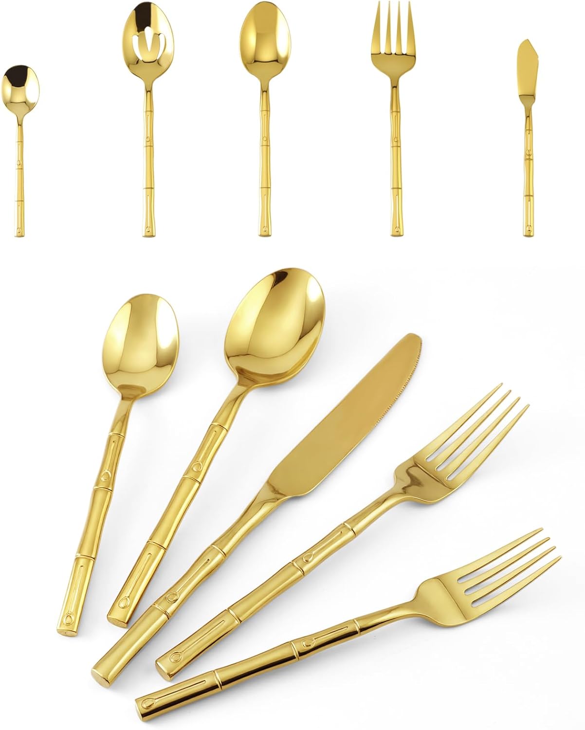 Stainless Steel Gold Flatware Set with Bamboo Handles for 12