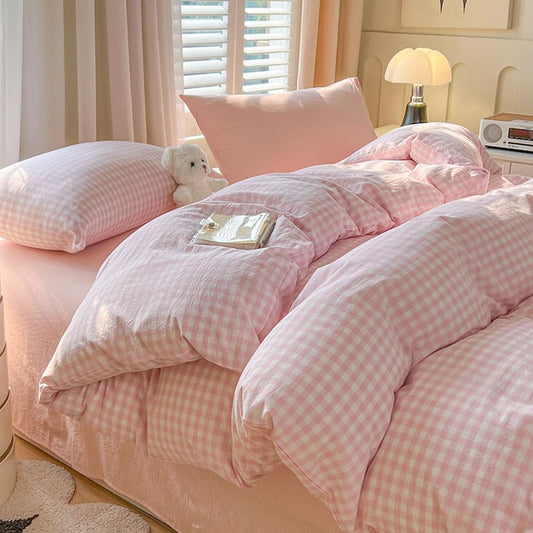 Gingham Duvet Cover Queen Size Set in Pink White Plaid Design