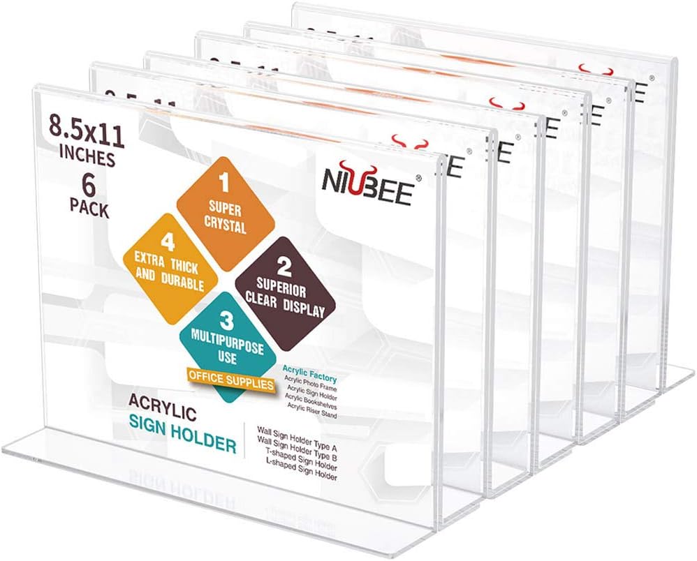 NIUBEE Acrylic Sign Holder 8.5x11 Inches - 6 Pack Landscape
