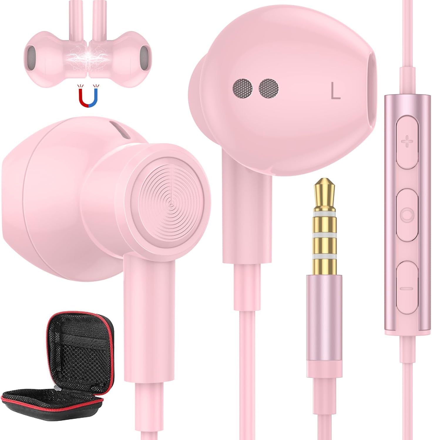 Clear Call Wired Earbuds for School & PC, Mic, HiFi Stereo, Pink