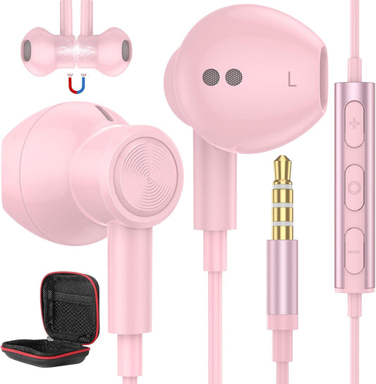 Clear Call Wired Earbuds for School & PC, Mic, HiFi Stereo, Pink