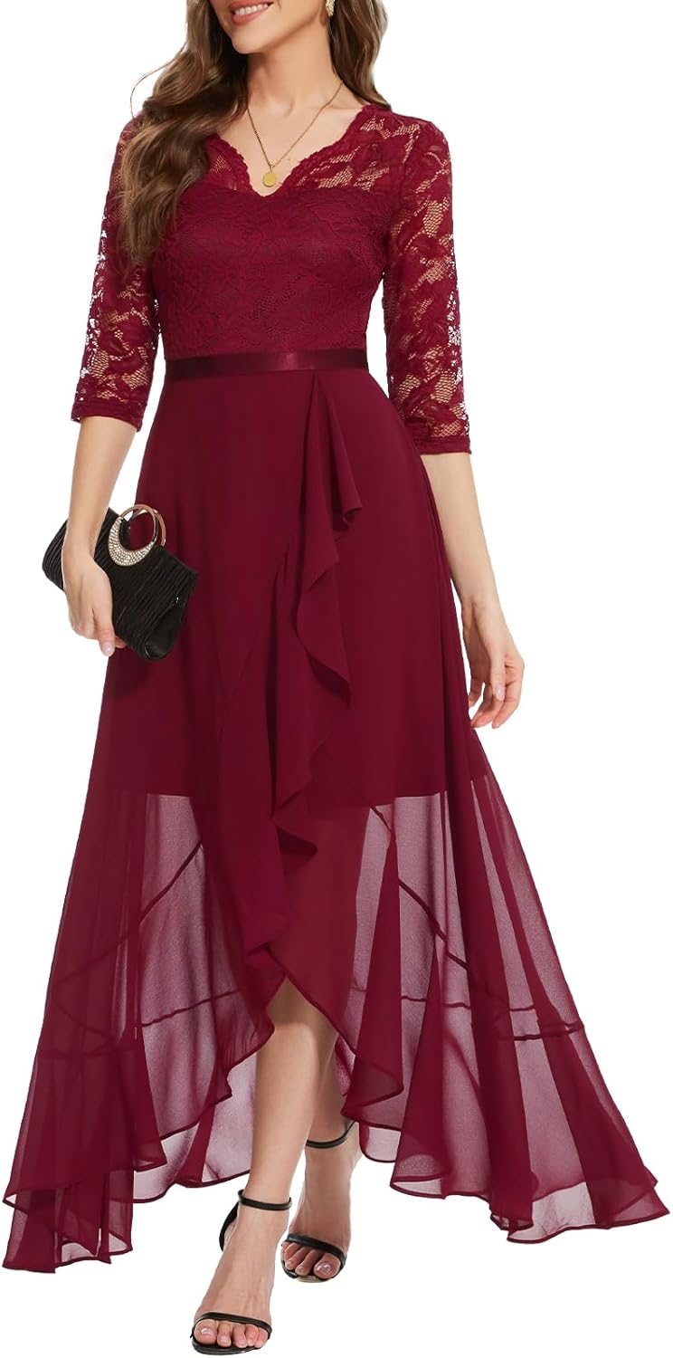 Elegant V-Neck Hi-Lo Floral Lace Dress for Wedding Guests