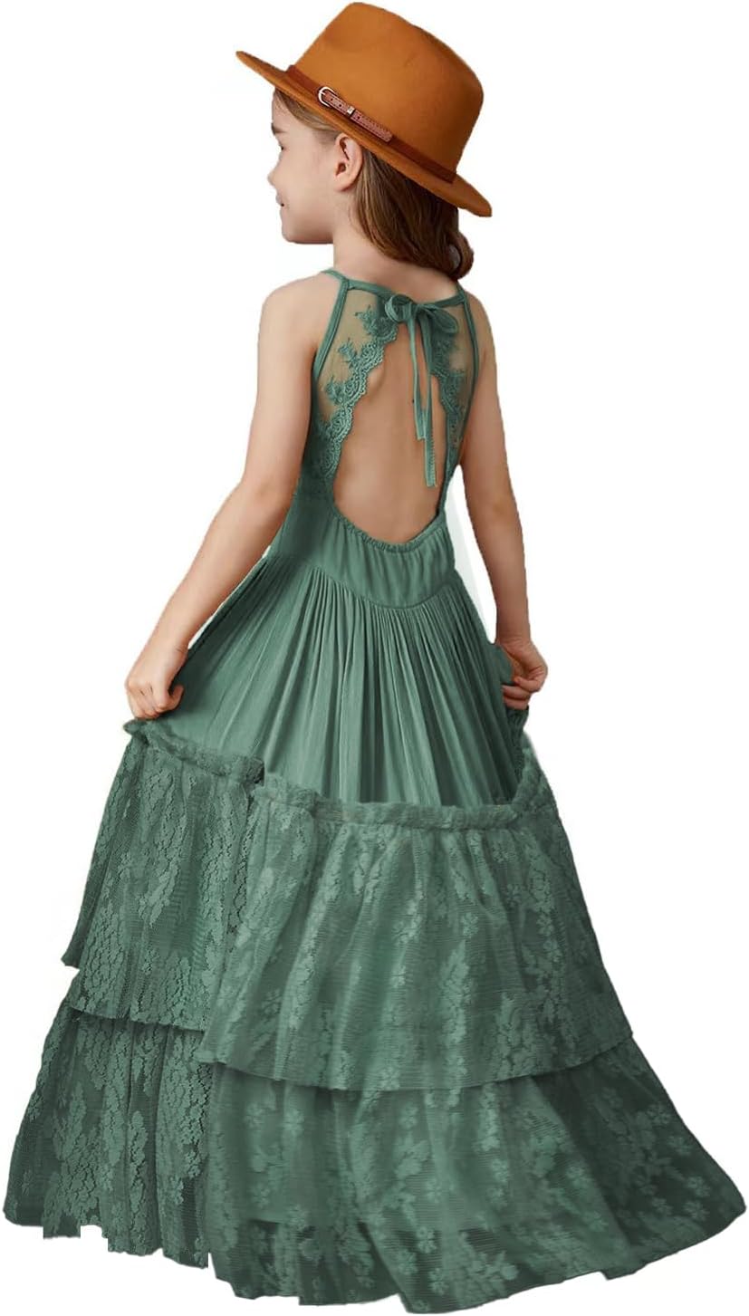 BIBIHOU Girls Kids Lace Back Full-Length Tulle Dress for Parties