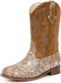 Girls Glitter Cowgirl Boots Mid Calf Square Toe - Comfortable Low Heel