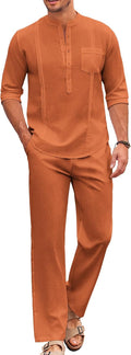 COOFANDY Men's Cotton Linen 2-Piece Cuban Henley Set - Casual Vacation