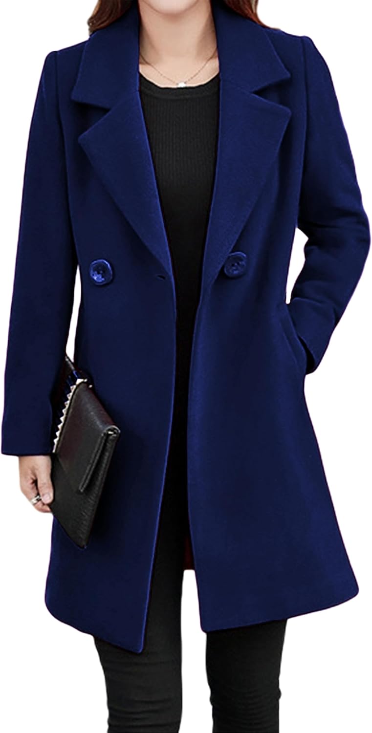 Tanming Womens Elegant Notched Collar Button Wool Blend Coat