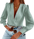 Women's Business Casual Long Sleeve Button Down V Neck Blouse Flowyair