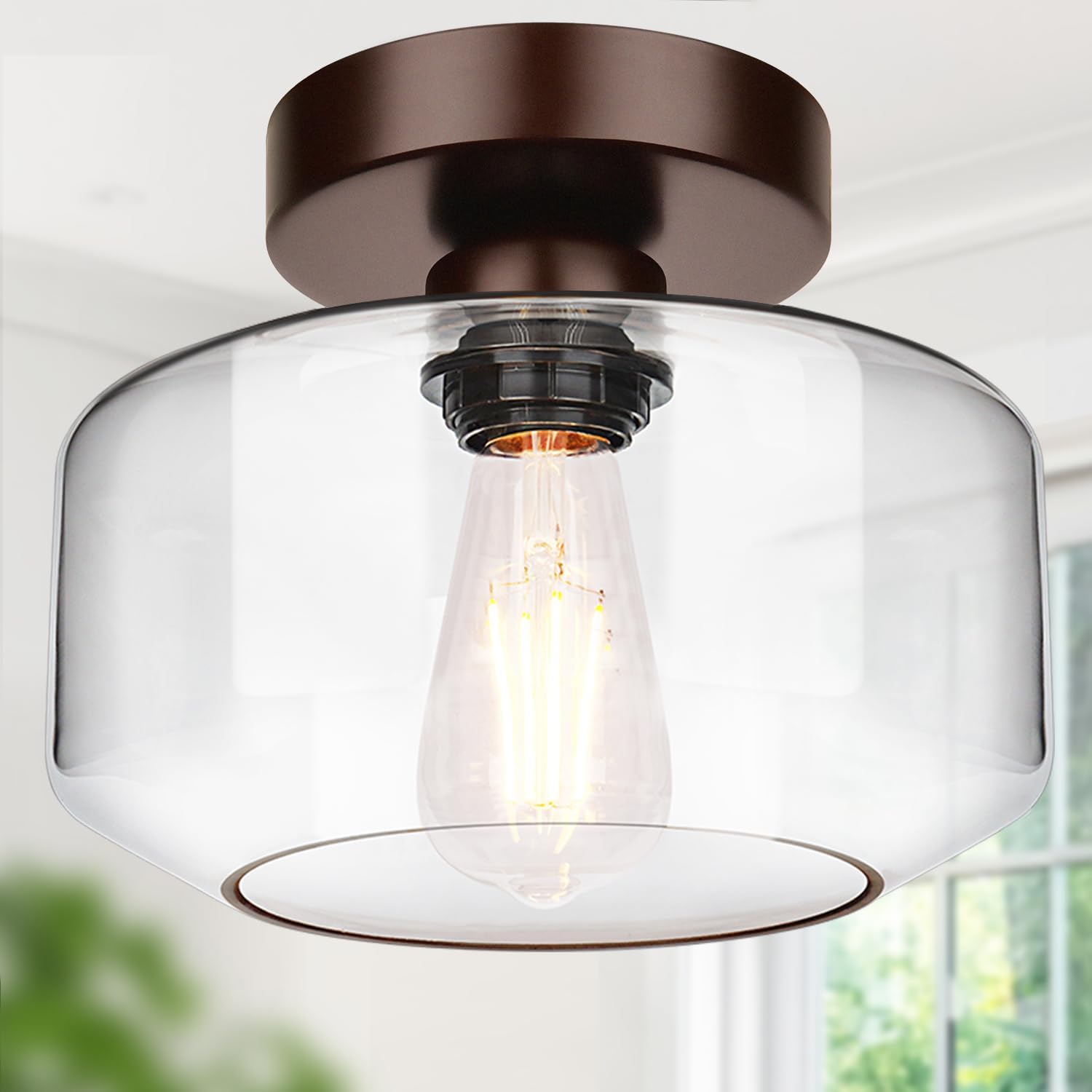 Industrial Semi Flush Mount Ceiling Light with Clear Glass Shade