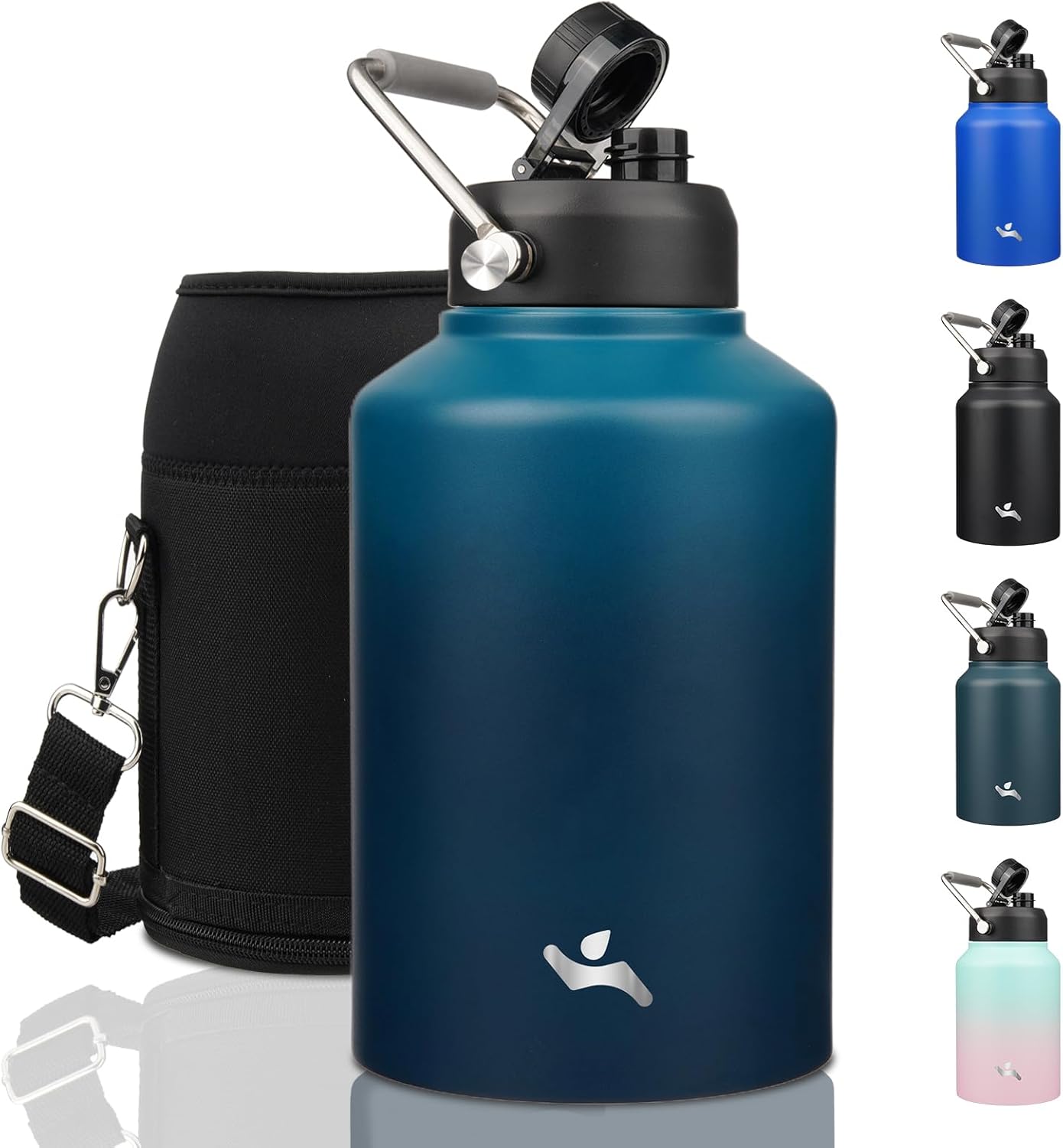 Insulated 128 oz Water Bottle with Carrying Pouch and Handle