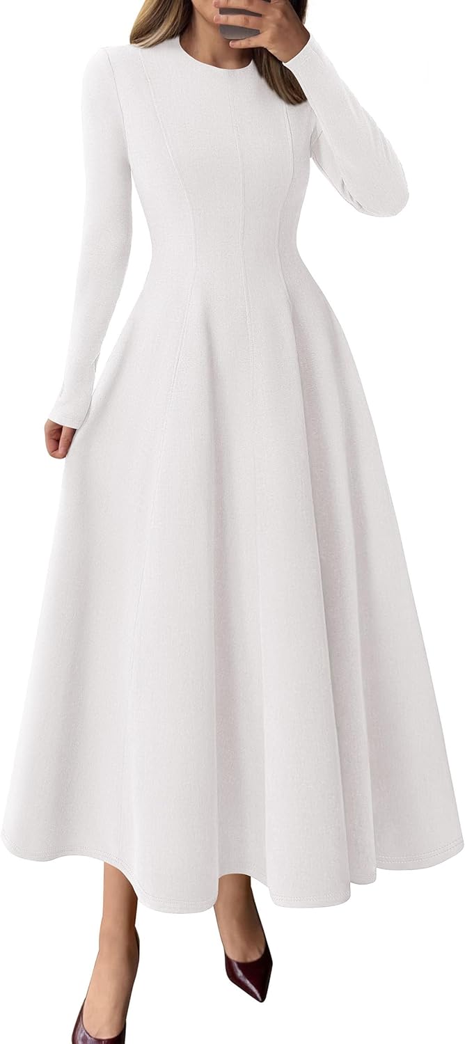 Elegant Classy Fall Long Sleeve Midi A Line Flowy Dress
