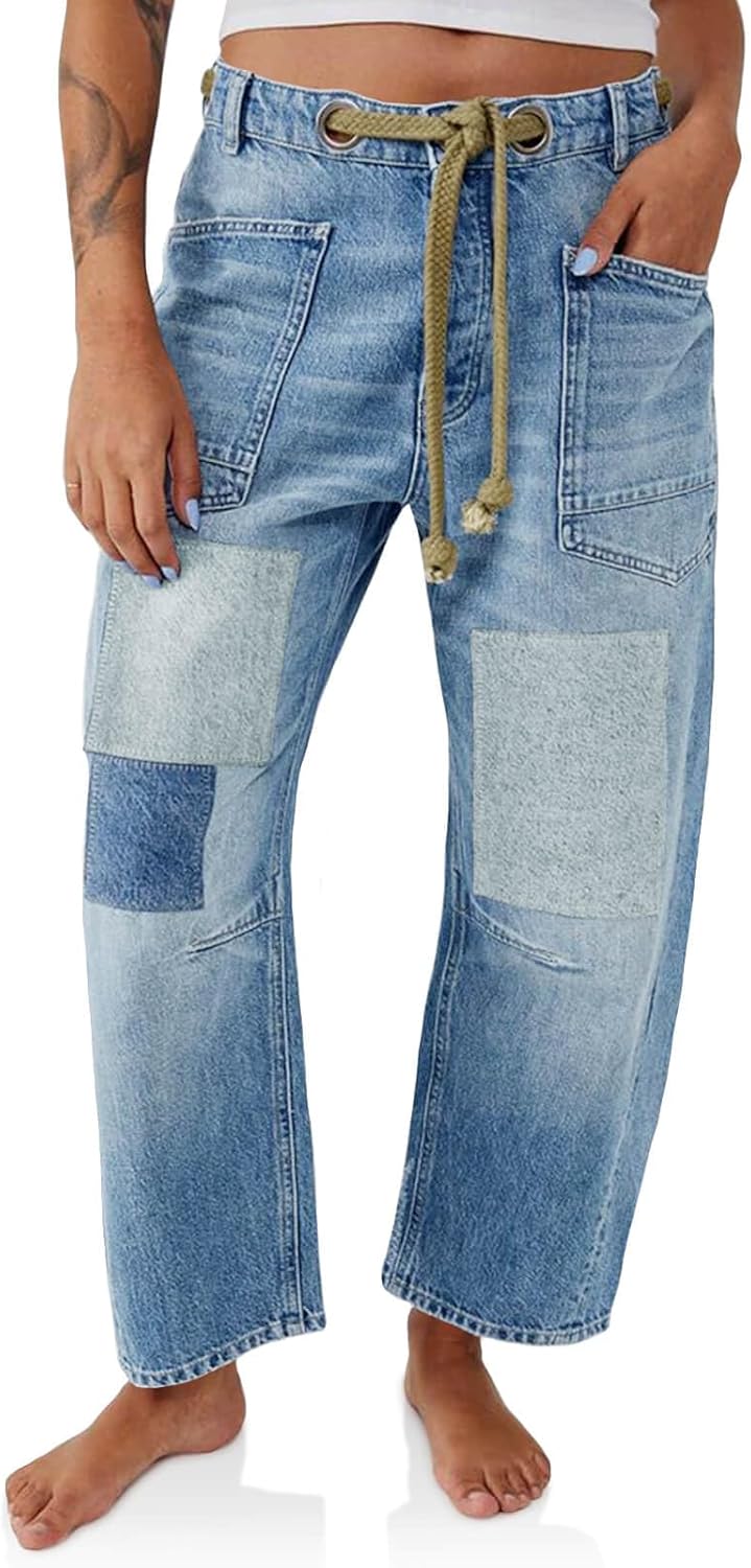 PLNOTME Womens Baggy Barrel Horseshoe Jeans with Pockets