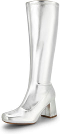 DREAM PAIRS Women's Gogo Boots Square Toe Chunky Wide Calf Knee High