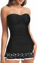 Women's Tummy Control Strapless Skirted Swim Dress - Black Floral